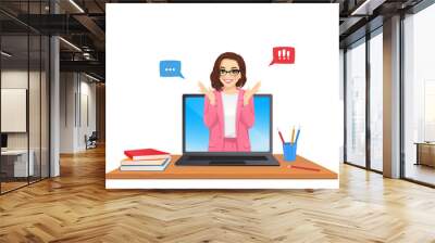 Online class with beautiful woman teacher on laptop computer screen isolated vector illustration Wall mural