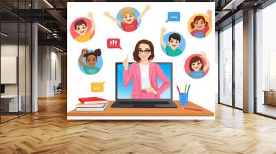 Online class with beautiful woman teacher pointing finger up on laptop computer screen isolated vector illustration Wall mural