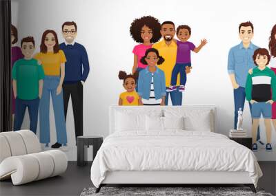 Parents with kids vector illustration isolated. Happy family portrait set. Mother and father with daughter and son Wall mural