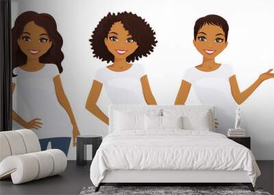 Set of cute girls with different hairstyles in white T-shirts Wall mural