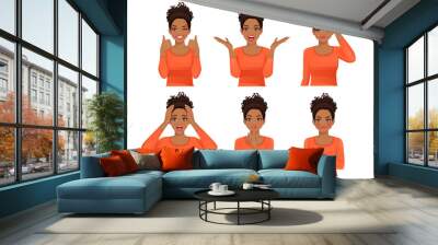 Set of young african woman with long hair. Facial expression with various gestures isolated vector illustration Wall mural