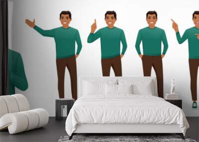 Set of young business man poses wearing casual green sweater with different gestures showing something. Isolated vector illustration Wall mural