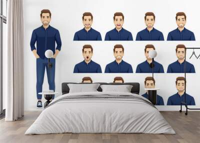 Set of young handsome man wearing blue shirt and jeans with different facial expressions vector illustration isolated Wall mural