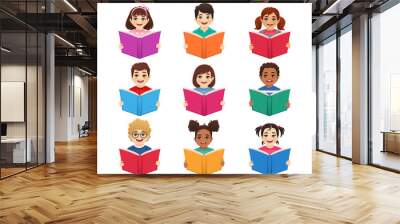 Smiling cute kids boys and girls avatars set holding books isolated vector illustration. Multiethnic happy children reading. Wall mural