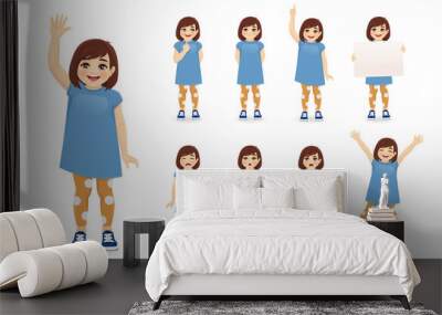 Smiling cute little girl in different poses set. Various kid gestures - thinking, angry, crying, jumping, welcoming, holding empty blank board and making idea pointing up isolated vector illustration Wall mural