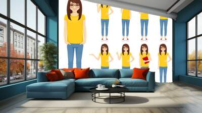 Teenage girl in glasses set with different gestures vector illustration isolated Wall mural