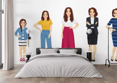 Woman of diifferent life stages cartoon characters. Baby, child, teenager, adult, mature and old persons vector illustration isolated Wall mural