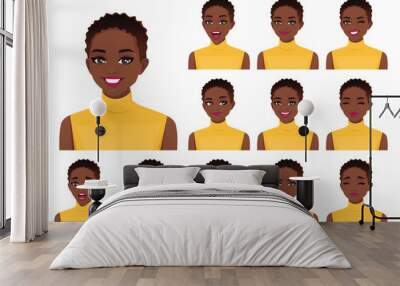 Young African American woman with short haircut different facial expressions set isolated vector illustration Wall mural