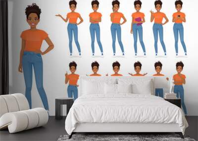 Young african woman in casual style clothes set different gestures isolated vector iilustration Wall mural