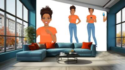 Young african woman in casual style clothes with mobile phone isolated vector illustration Wall mural