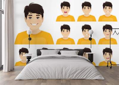 Young asian man with different facial expressions set vector illustration isolated Wall mural