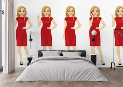 Young beautiful woman in red dress set with different gestures isolated vector illustration Wall mural