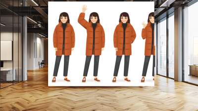 Young beautiful woman in warm puffy jacket. Winter or autumn clothes isolated vector illustration Wall mural