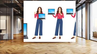 Young beautiful woman with curly hair showing blank screen laptop computer standing different posing isolated vector illustration Wall mural