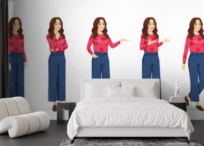 Young beautiful woman with curly hair standing half turn view different poses set. Standing, showing, talking, thinking and walking. Isolated vector illustration. Wall mural