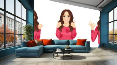 Young beautiful woman with curly hair with positive emotions and different gestures. Isolated vector illustration set Wall mural