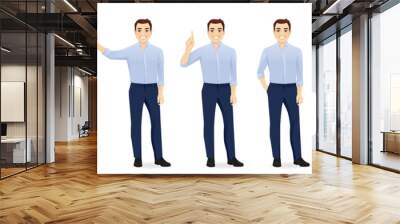 Young business man in blue shirt different gestures set isolated vector illustration Wall mural