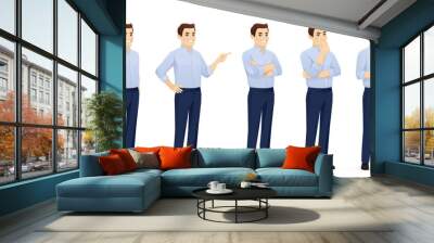 Young business man in blue shirt half turn view different gestures set isolated vector illustration Wall mural