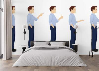 Young business man in blue shirt side view different gestures set isolated vector illustration Wall mural