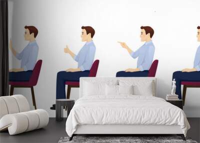 Young business man in blue shirt sitting in the chair side view different gestures set isolated vector illustration Wall mural