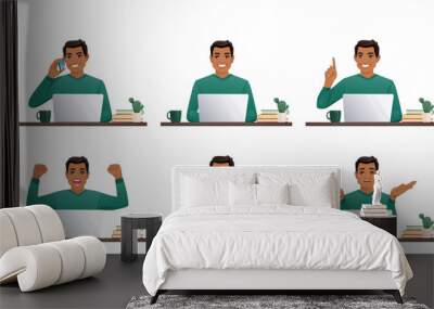 Young business man in green sweater using laptop computer sitting at the desk isolated vector illustration Wall mural