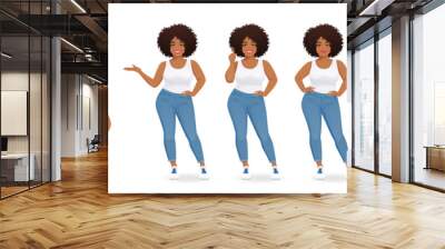 Young happy beautiful black plus size woman wearing jeans in different poses isolated vector illustration Wall mural