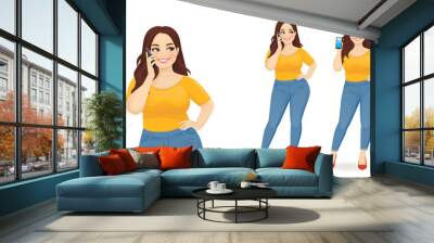 Young happy beautiful plus size woman with mobile phone isolated vector illustration Wall mural