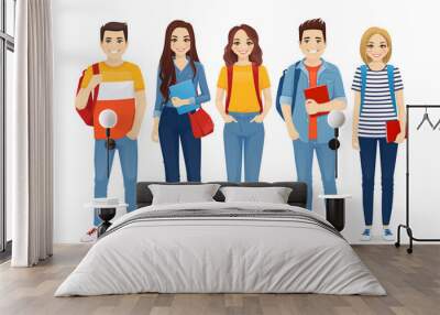 Young people in casual clothes with backbackpacks and books. Beautiful smiling students standing isolated vector illustration Wall mural