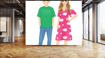 Young people in casual clothes. Smiling man and girl wear floral dress isolated vector illustration Wall mural