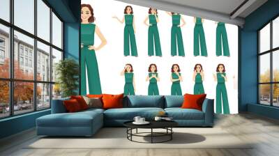 Young woman in green jumpsuit set different gestures isolated vector illustration Wall mural