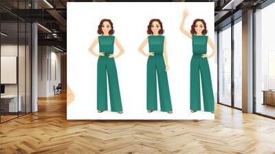 Young woman in green jumpsuit standing in different poses. Isolated vector illustration set. Wall mural