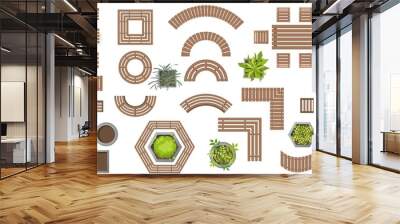 Outdoor wooden furniture. Wooden benches and plants in pots top view. Set of vector for landscape design . Collection of Architectural elements, plants, trees, tables, benches, chairs in flat style Wall mural