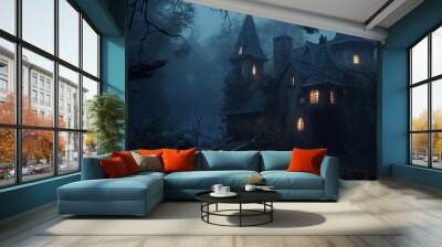 Photorealistic haunted house with towers and surrounded by foggy forest, Halloween Wall mural