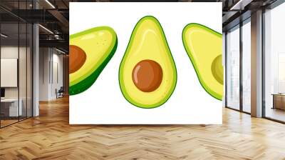 Set of cartoon slice of avocado with core isolated on the white. Tropical summer fruit flat style illustration. Set for label, logo, poster, print. Green avocado with seed. Vector illustration. Wall mural