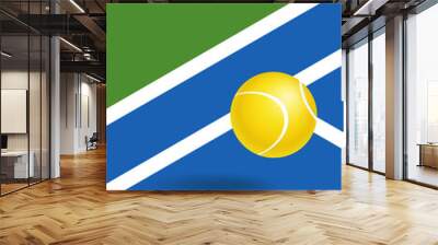 Tennis championship and tournament poster. Blue tennis court. Illustration for sports competition, championship. Ball on line. Tennis court and ball. Sports equipment. Vertical illustration for cover Wall mural