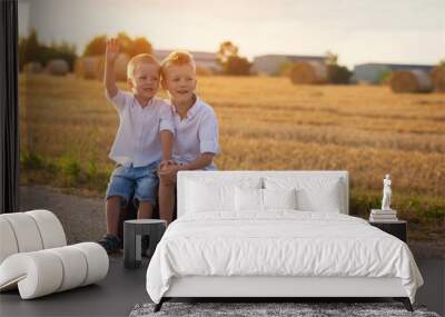 two brothers sit on a suitcase on the road in the summer at suns Wall mural