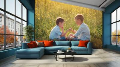 Two little boys friends playing - stone, scissors, paper- game in summer day. Wall mural