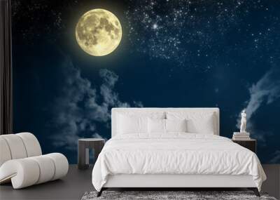 Beautiful magic blue night sky with clouds and fullmoon and stars Wall mural