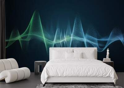 An abstract digital art piece showcasing an intricate sound wave pattern. The waves are portrayed with vibrant green and blue colors, creating a mesmerizing visual effect Wall mural