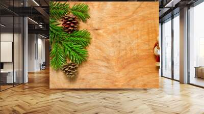 christmas tree twig and green santa claus on wooden old rustic b Wall mural