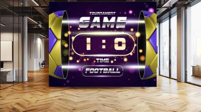 Football banner, poster or flyer design with golden blue 3d Ball. Soccer game match design with timer or scoreboard. Half ball. Ball divided into two parts. Soccer league with game competition score Wall mural