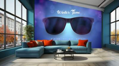 realistic sunglasses on blue background. vacations, winter travel design, travel agency. vector real Wall mural