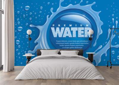 blue water splash with many drops and place for text Wall mural