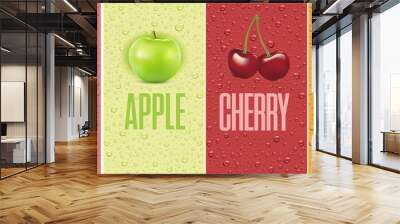 Drinks and juice background with drops and raspberry, apple, cherry, pear Wall mural