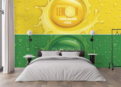 many fresh drops on different colour backgrounds with splash and lemon, strawberry, mojito, grapefruit
 Wall mural