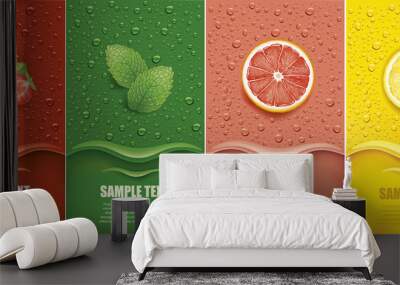 many fresh juice drops background with strawberry, mint, lemon, grapefrui Wall mural