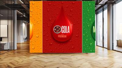 Orange, cola, mojito banner with big drop and lot of fresh drops Wall mural