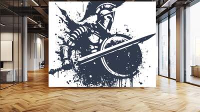 Spartan with sword and shield attacking abstract dynamic silhouette drawing with splashes and blots Wall mural