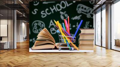 Back to school background with books, pencils and globe on white table on a green blackboard background. Wall mural