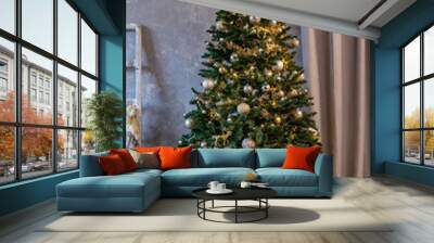 christmas tree with colorful balls and gift boxes in the room. Wall mural